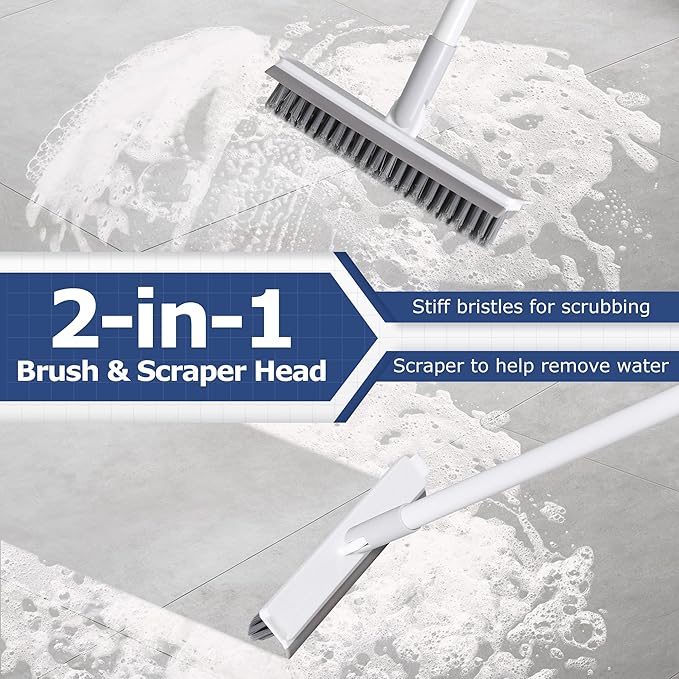 Grout Brush with Long Handle, Floor Cleaning Scrubber with Stiff Bristles