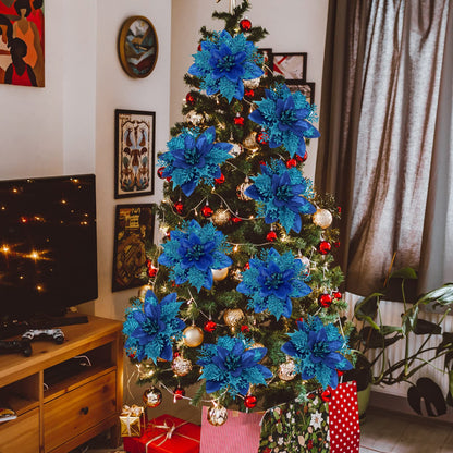 Childom 15 PCS Blue Poinsettia Flower Artificial Poinsettias with Clips Christmas Decorations Glitter Poinsettia Christmas Ornaments Xmas Tree Flowers with Stems DIY Xmas Wreath Holiday Party Decors
