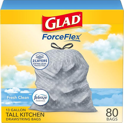 Glad ForceFlex Tall Kitchen Drawstring Trash Bags, 13 Gal, Fresh Clean