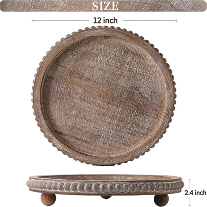 Nacidooka Wooden Coffee Table Tray Decor, Round Decorative Tray Brown Beaded Distressed Rustic Farmhouse Centerpiece for Dining Room Entryway Kitchen Counter Candle Holder Organizer