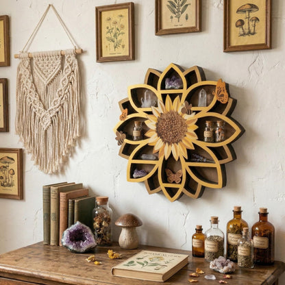 Sunflower Gifts Sunflower Decor Wall Shelf for Women with Lifelike Flower & Bee Accents, Wooden Floating Shelves Trinket Crystal Display Shelf Boho Decor for Home Bedroom, Birthday Gift for Her