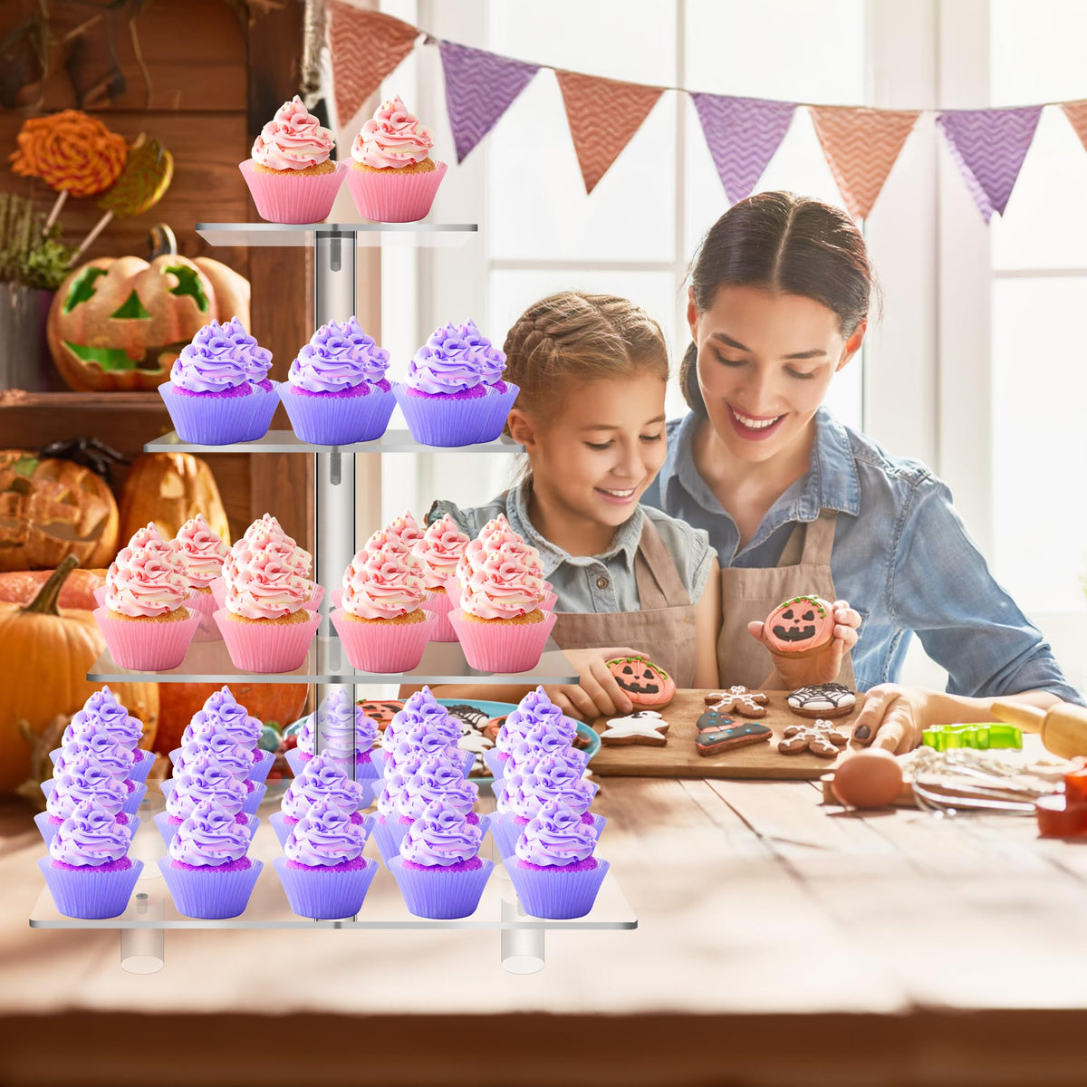 Jusalpha Large 4 Tier Cupcake Stand Square Acrylic Cupcake Tower Stand for Dessert, Pastry, Serving Platter-Candy Bar Party Décor and Supply(with Rod Feet) (4SF-V2)