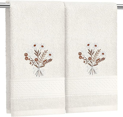 2 Pcs Boho Flowers Hand Towels Beige Bathroom Wildflowers Decor 14x29 Inch