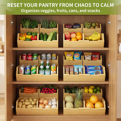 Bambition Bamboo Pantry Storage Bins, Stackable Potato and Onion Storage Bin for Kitchen Countertop, Wood Pantry Organizer Baskets for Fruit Vegetable Snack
