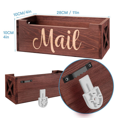 Wooden Mail Organizer Mail Holder Countertop, Farmhouse Brown Mail Tray Mail Storage Box for Wall, Rustic Mail Basket Letter Holder for Office Desk