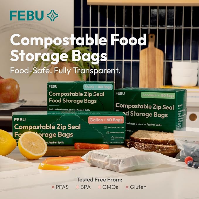 FEBU Compostable Food Storage Bags Variety Pack, 260 Count | Compostable & Biodegradable | PFAS & BPA Free | Drawer Organizer Box | 90 Snack, 90 Sandwich, 50 Quart, 30 Gallon