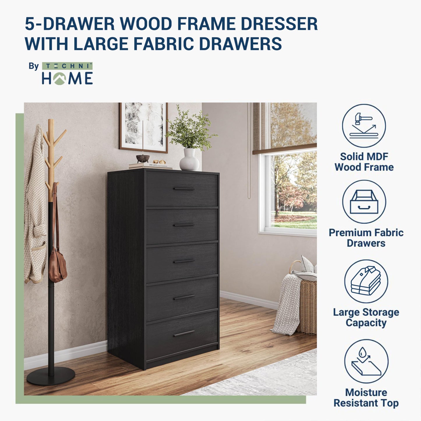 5-Drawer Dresser with Extra Large Fabric Drawers, Wood Frame Dresser with 5 Drawers for Bedroom or Living Room Storage, Hallway, Fabric Bins for Closet or Hallway Storage Organizer, Toy Chest, Black