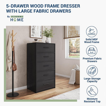 5-Drawer Dresser with Extra Large Fabric Drawers, Wood Frame Dresser with 5 Drawers for Bedroom or Living Room Storage, Hallway, Fabric Bins for Closet or Hallway Storage Organizer, Toy Chest, Black