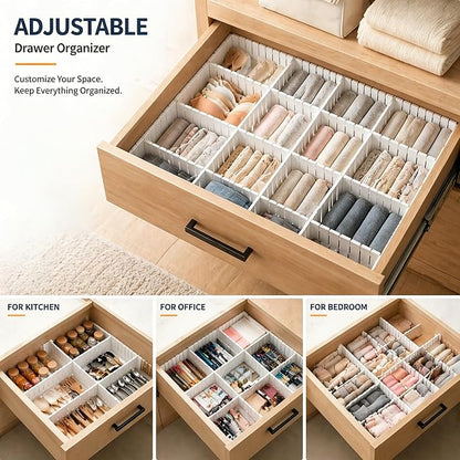 Drawer Divider Adjustable DIY Storage Organizer Separator for Tidying Clutter Cutlery Underwear Socks Clothes Dresses Desk & Box in Kitchen Bathroom Bedroom Office (Cut at Will)
