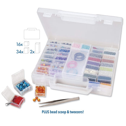 The Beadsmith Bead Organizer Carrying Case, 55 piece set, with removable compartments in assorted sizes, a carrying case, plus a bead scoop and tweezer.