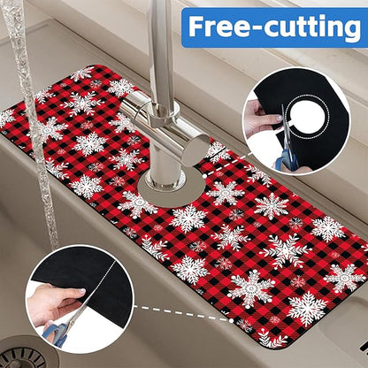 Christmas Snowflake Kitchen Sink Splash Guard Mat Buffalo Plaid Absorbent Fast