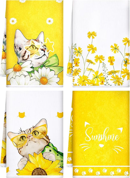 Bencailor 4 Pcs Cat Kitchen Towels Yellow Floral Cute Kitty Hand Dish Towels