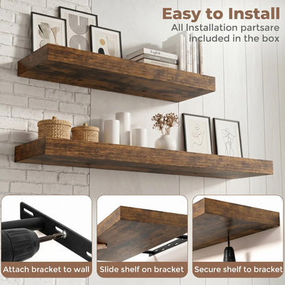 FLYJOE Floating Shelves for Wall, 30 Inch Floating Shelves Set of 2, 8" D Wooden Wall Mounted Display Shelves with Invisible Brackets for Living Room, Bedroom, Bathroom, Kitchen Decor, Brown