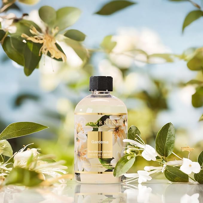 Cocorrína Reed Diffuser Refill Gardenia 10.14oz (300ml) with 8 Sticks - Premium Long-Lasting Floral Essential Oil, Home Fragrance for Bedroom, Bathroom Home Decor