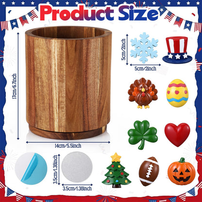 Roowest Seasonal Kitchen Decoration Interchangeable Acacia Wood Utensil Holder for Kitchen Counter 360° Rotating 6.7" Wooden Cooking Utensil Crock with Magnetic Ornament for Countertop Farmhouse