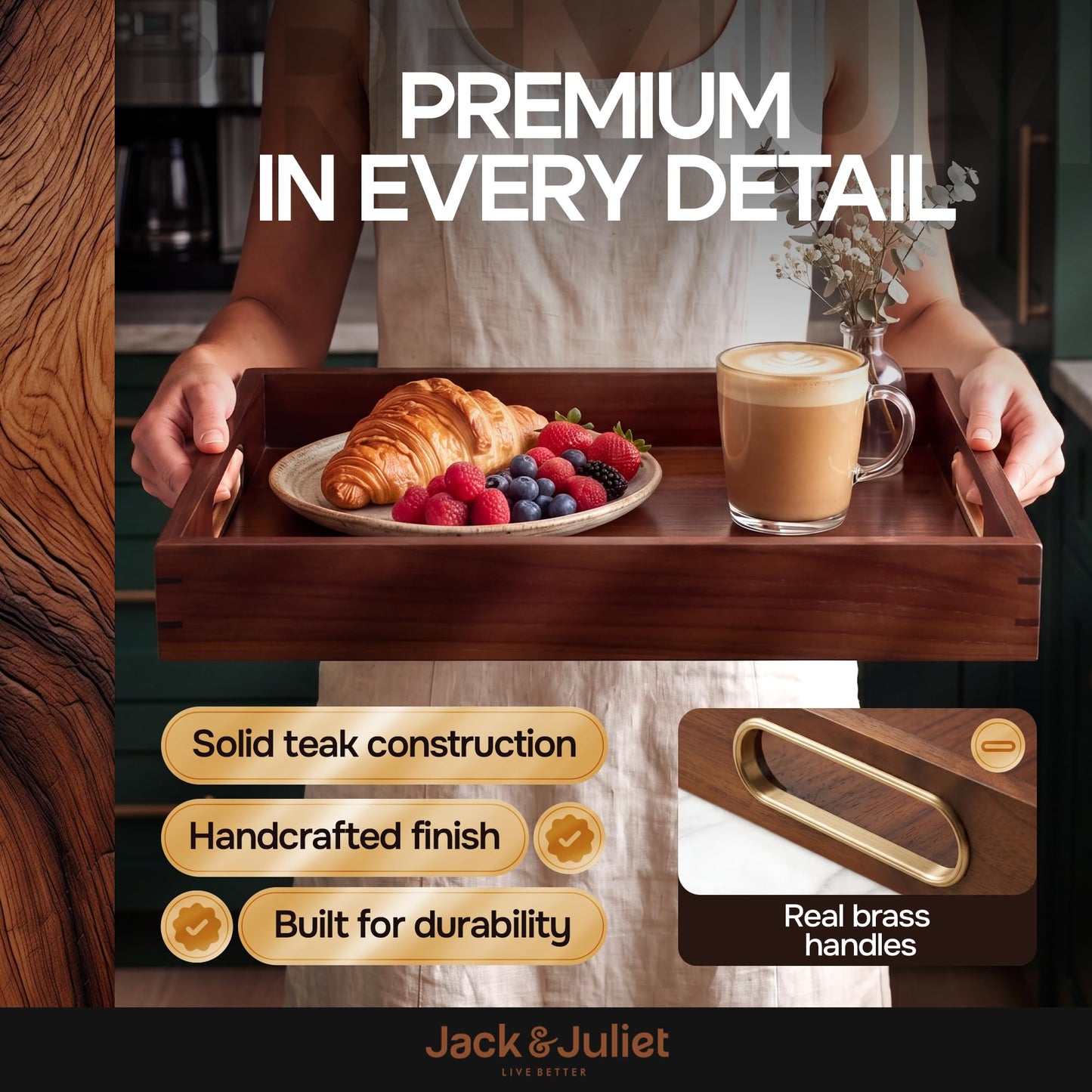 Jack & Juliet Teak Wood Ottoman Tray – Wooden Multifunctional Tray with Real Brass Handles - Non Slip Base in Food-Safe Finish - Gift-Ready Packaging for Coffee Table and Home Decor (Walnut)