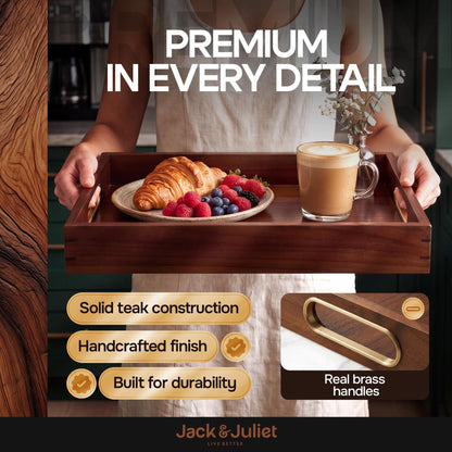 Jack & Juliet Teak Wood Ottoman Tray – Wooden Multifunctional Tray with Real Brass Handles - Non Slip Base in Food-Safe Finish - Gift-Ready Packaging for Coffee Table and Home Decor (Walnut)