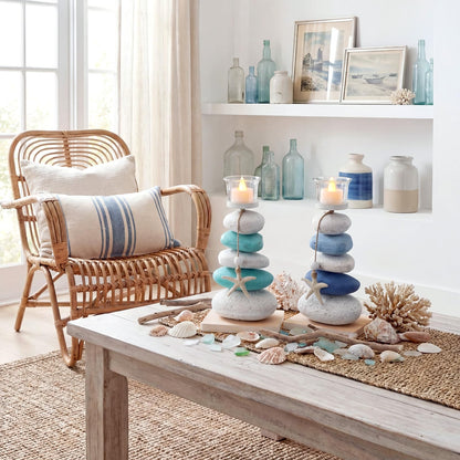 Mumufy 2 Pcs Farmhouse Coastal Candle Holder with Natural Stone Starfish, Stone Candle Holder Blue Teal Ocean Theme Drift Bottle Design Nautical Rustic Decor for Home Bathroom Table Centerpiece