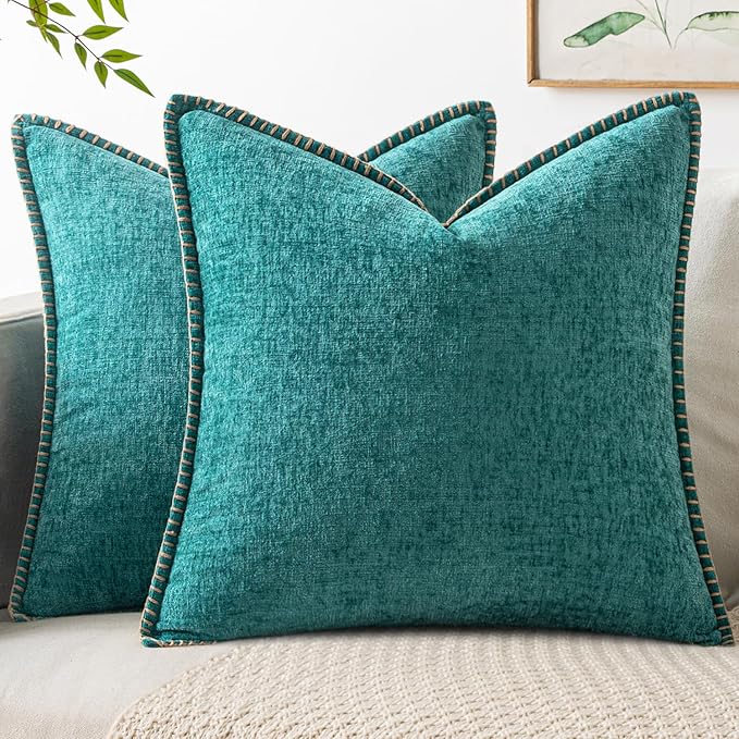 MIULEE Pack of 2 Couch Throw Pillow Covers 18x18 Inch Teal Farmhouse Decorative Pillow Covers with Stitched Edge Soft Chenille Solid Dyed Summer Pillow Covers for Sofa Bed Living Room