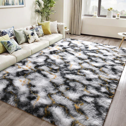 DweIke Fluffy Black White Gold Rugs for Bedroom Living Room, 4x6 Feet Soft Plush Shaggy Tie-Dyed Girls Boys Kids Rug, Upgraded Non-Slip and Machine Washable Carpet for Dorm Nursery Classroom Decor