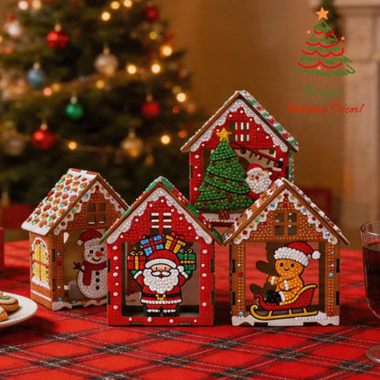 Party Ready LED Light-Up Diamond Painting Christmas Houses – DIY Rhinestone Mosaic Wooden Ornament Set, Holiday Tabletop Decor, Kids Craft Kit (Four Ornament Set)