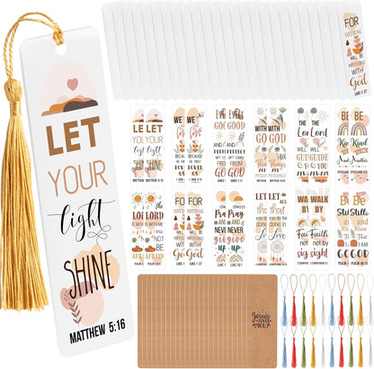 Haooryx Boho Christian Bible DIY Bookmark- 96Pcs Bible Verse DIY Bookmark UV DTF Transfer Sticker Blank Acrylic Tassel Bookmarks Transparent Rectangle Acrylic Bookmark for Kids DIY Crafts Kit Gift Tag
