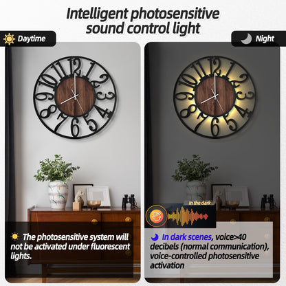 LEIKE Large Wall Clocks with Night Light Battery Operated,Silent Non Ticking,Rustic Modern Big Wood Clock for Living Room, Bedroom,Kitchen,Farmhouse,Office,Home Decor-24 Inch(Black-Arabic Number)