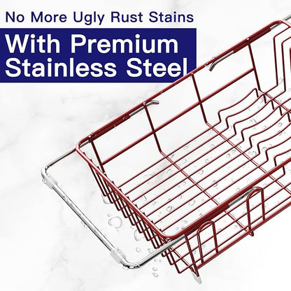 MAJALiS Red Dish Drying Rack Over The Sink with Utensil Holder | Expandable Stainless Steel Dish Drainer for Small Kitchen, Apartment, RV, Counter Space Saving, Perfect Fit, Rustproof