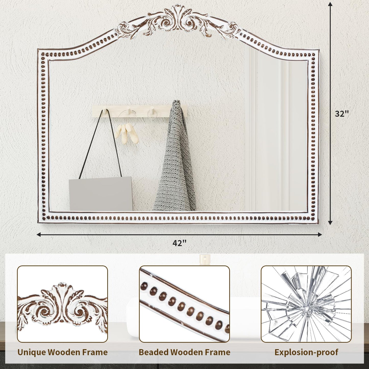HOITUZYUS 32x42 Inch Ornate Arched Wooden Wall Mirror, Rustic Farmhouse Decorative Mirror for Fireplace, Living Room, Bedroom, Entryway, Bathroom Over Sink