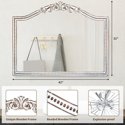 HOITUZYUS 32x42 Inch Ornate Arched Wooden Wall Mirror, Rustic Farmhouse Decorative Mirror for Fireplace, Living Room, Bedroom, Entryway, Bathroom Over Sink