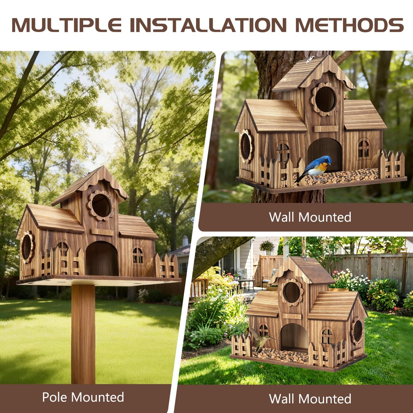 BlueYu Bird Houses for Outside with Fence Platform, 4-Hole Wooden Bird House, One-Piece Spacious Design, Hanging Birdhouse with Dual Hooks, Fits Bluebirds Sparrows Cardinals for Garden Backyard