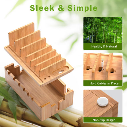 Pezin & Hulin Bamboo Charging Station for Multiple Devices with 5 Port USB Charger, 5 Cables and Watch Stand. Wood Desktop Docking Stations Organizer for Cell Phone, Tablet, Watch, Office Accessories