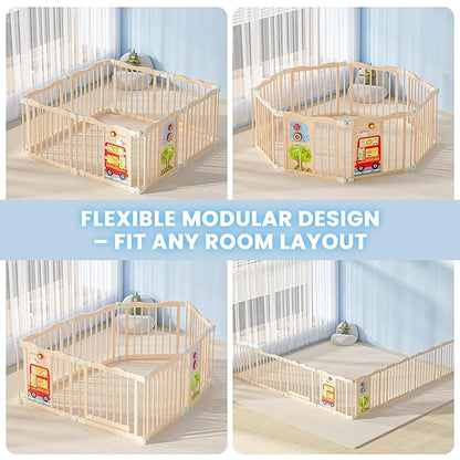 Foldable Wooden Playpen - Adjustable Wood Baby Play Yard with Child-Proof Lock, Indoor Large Safety Fence for Babies and Toddlers - Easy Assembly, 55 x 55 x 24 inches, Animal Bus, Natural