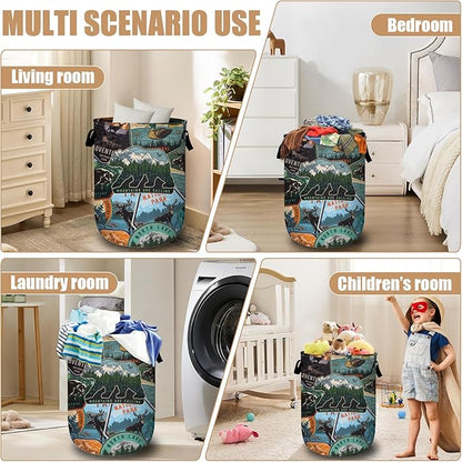 Retro Mountain Bear Laundry Basket, Foldable Wild Animals Laundry Hamper Tote