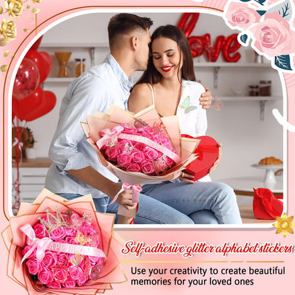 Thiccywoov Valentine Glitter Roses Bouquet (exclude Rose & Glue) DIY Roses with Glitter Powder Flower Wrapping Paper Letter Stickers Bags for Mothers Day Birthday Wedding Graduation Xmas Gifts(Pink)