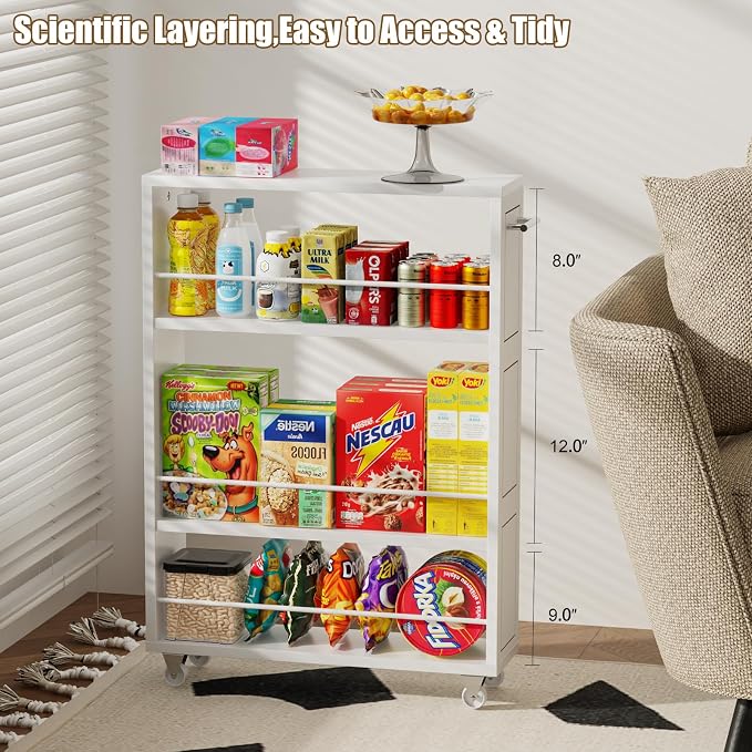 KLM 4 Tier White Slim Storage Cart with Handle, Slide Out Storage Rolling Utility Cart for Kitchen, Laundry, Narrow Places-6.7" W