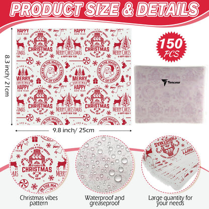 Tenceur 150 Pcs Christmas Wax Paper Sheets Parchment Deli Wraps Tissue Paper Baking Cookies Sandwich Decorative Wax Sheets Food Basket Liner Greaseproof Supplies(Red Reindeer)
