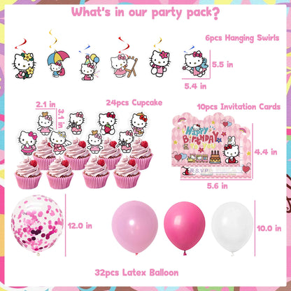 Cute Birthday Party Decorations Set - Pink Cartoon Theme Party Supplies Includes Banner, Foil Balloons, Printed Balloons, Tablecloth, Tableware, Napkins, for Adult Party