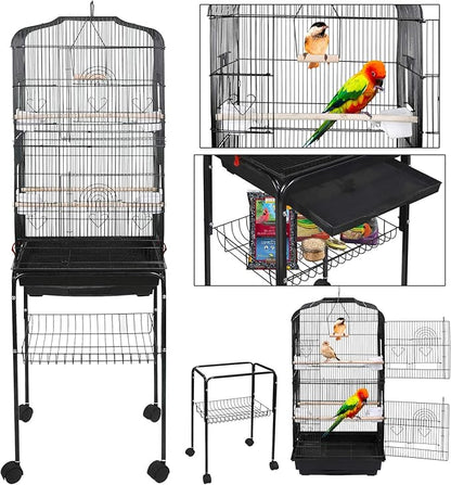 SUPER DEAL 59.3 Rolling Bird Cage Large Wrought Iron Cage for Cockatiel Sun Conure Parakeet Finch Budgie Lovebird Canary Medium Pet House with Rolling Stand & Storage Shelf