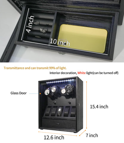 Oryx 4 Watch Winder for Automatic Watches, Rotating Watch Box 5 Rotation Modes Display Case with Extra Watches Holders and Jewelry Storage, Lockable Winders White Light USB/AC Powered Mabuchi Motor