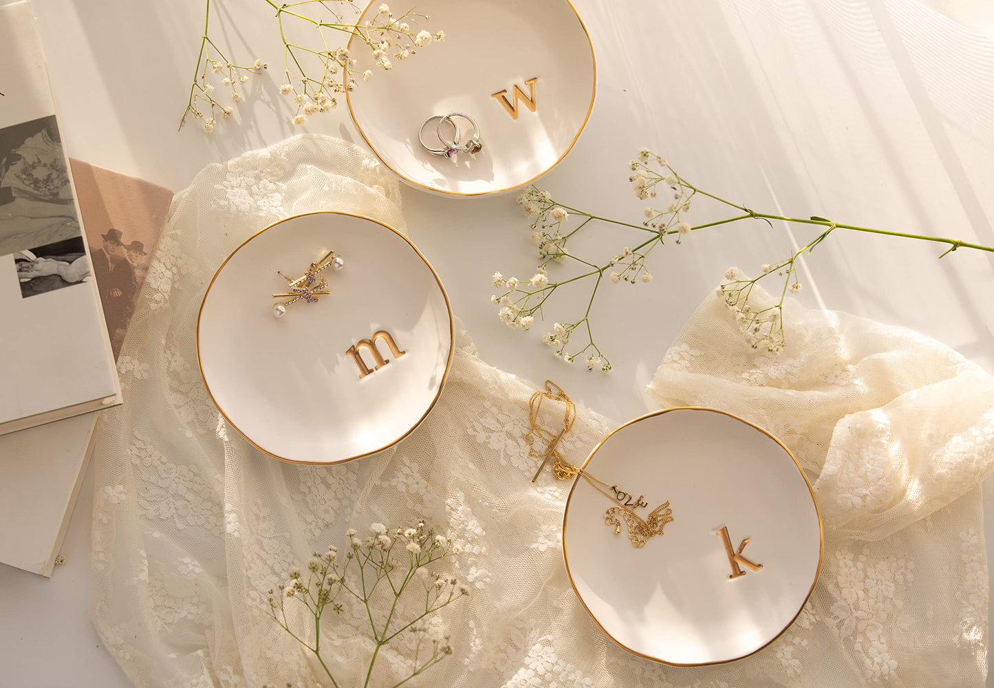 COLLECTIVE HOME - Ceramic Jewelry Tray, Decorative Trinket Dish for Rings Earrings Necklaces Bracelet Watch Keys, Birthday Mother's Day Christmas Gift for Women, 4.75", White Surface (G)