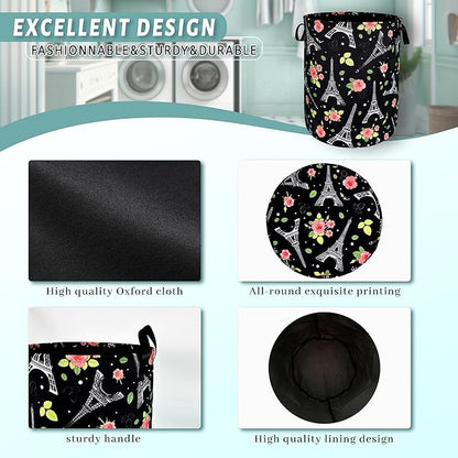 Retro Eiffel Tower Laundry Hamper Rose Flower Colorful Laundry Basket