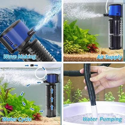 TARARIUM Aquarium Filter 400GPH for 55-200 Gallon Fish Tank, Biochemical Quiet Submersible Internal Powerful Pump Air Supply, Wave Maker 4 in 1, Small Ponds, Saltwater & Freshwater Crystal Clear