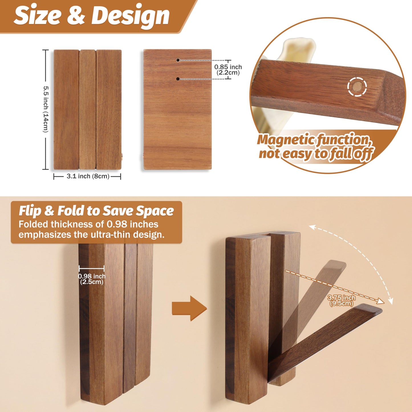 KYIAANY Foldable Wall Hooks 2Pack: Rustic Wooden Coat Hooks Mounted for Heavy Duty Hanging Hats Bags Beach Towels, Space Saving Minimalist Design for Aesthetic Homeowner
