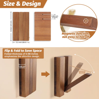 KYIAANY Foldable Wall Hooks 2Pack: Rustic Wooden Coat Hooks Mounted for Heavy Duty Hanging Hats Bags Beach Towels, Space Saving Minimalist Design for Aesthetic Homeowner