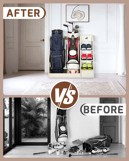 Mythinglogic Double Golf Bag Storage Rack for 2 Bags, Wooden Golf Organizer with Shoe Shelves, Ball Holder & Drawer, MDF Golf Equipment Storage Cabinet for Home, Garage or Simulator Room