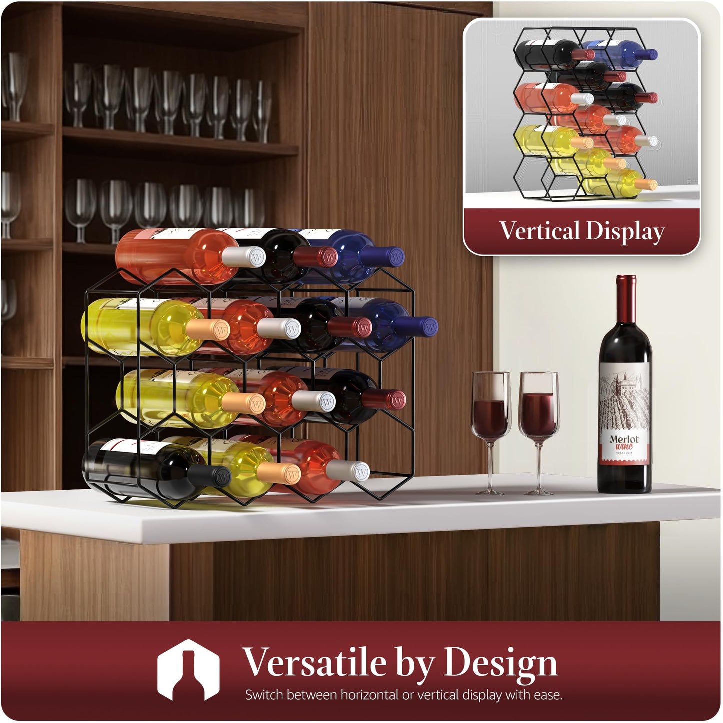 Sorbus 14 Bottle Wine Rack – Stackable Metal Wine Storage Organizer with Honeycomb Design – Cabinet, Pantry, or Bar Wine Bottle Holder – Modern Black Wine Racks Countertop - No Assembly Required