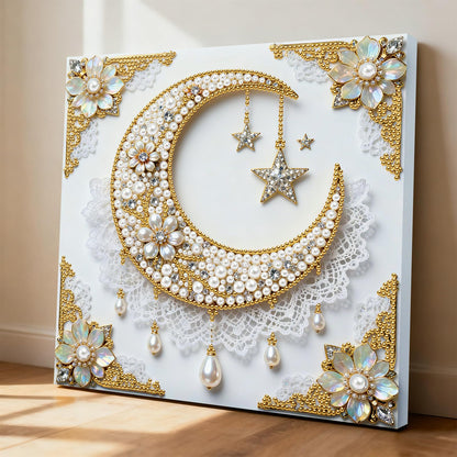 yzARTche Diamond Art Pearl Painting Kit, DIY Pearl Art Painting with White Frame, Handmade Gem Dot Picture Craft for Home Wall Decor Present Set-04-Moon