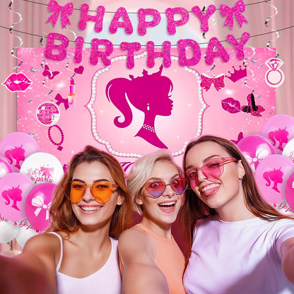Hot Pink Birthday Party Decorations Supplies, with Pink Glitter Happy Birthday Banner, Backdrop, Balloons, Hanging Swirls, Cake & Cupcake Toppers for Kids, Girls and Women