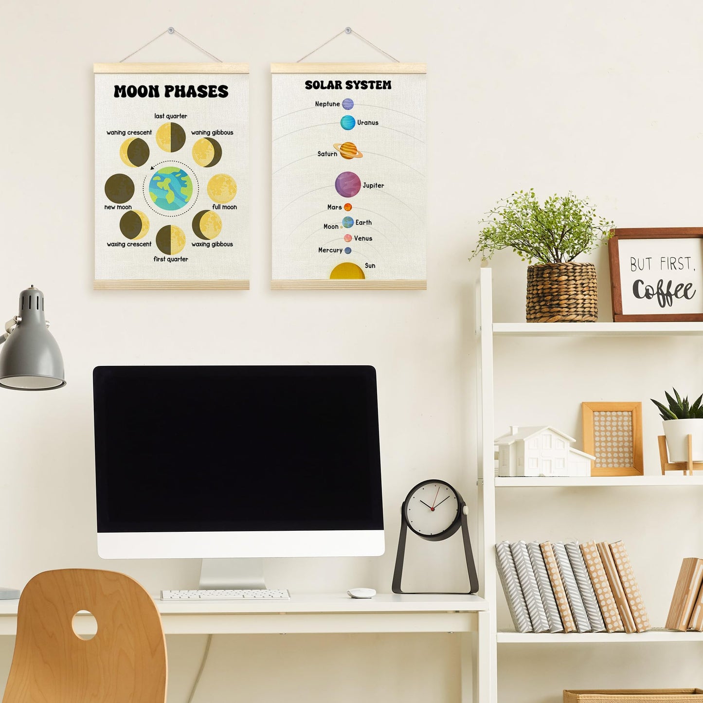 TLESKE Classroom Moon Phases Solar System Space Poster Hanger Frame Set of 2, Homeschool Hanging Wall Art Room Decor for Toddlers Kid Nursery Playroom, Preschool Prek Learning Educational Print, 12x16